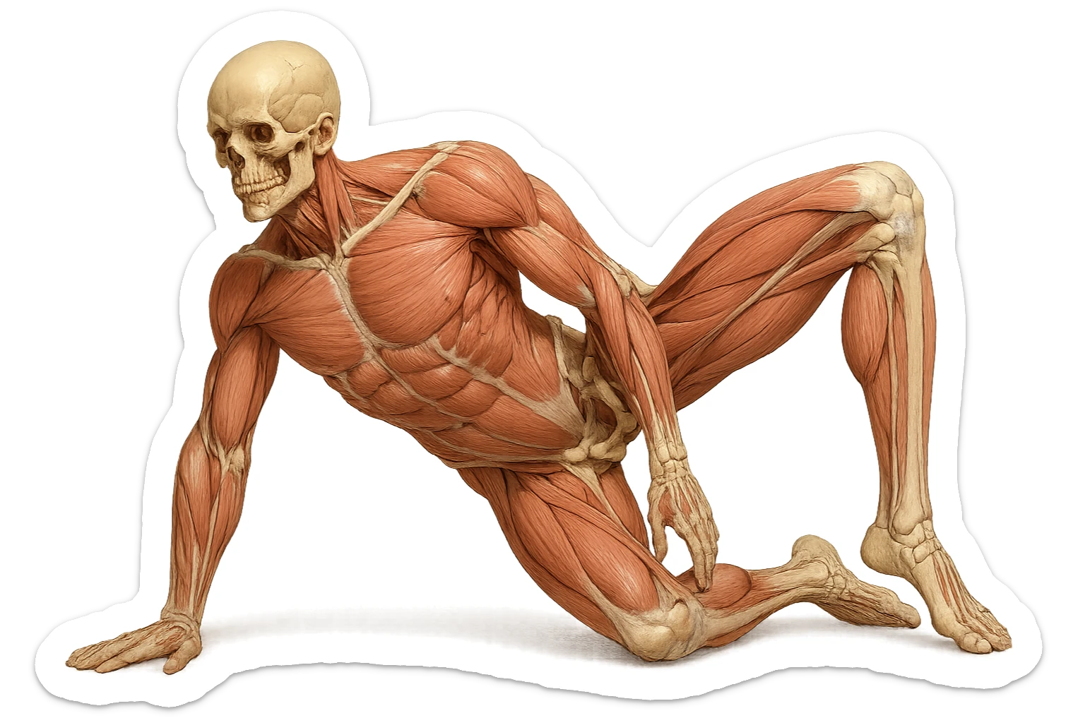 CORPO UMANO ANATOMICO REALISTICO CHE SVOLGE UN ESERCIZIO DI MOBILITà ALLE ANCHE, iperrealistico 4k sticker