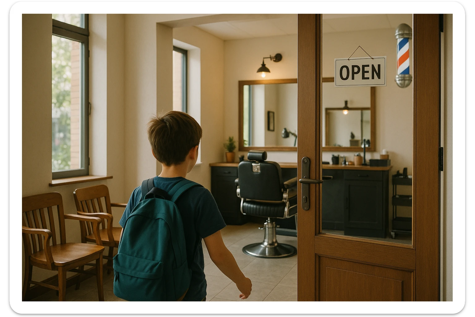 Sartaroshxonaga kirib kelayotgan bola sartaroshxona unchalik eski emas ammo yangi ham emsa sticker