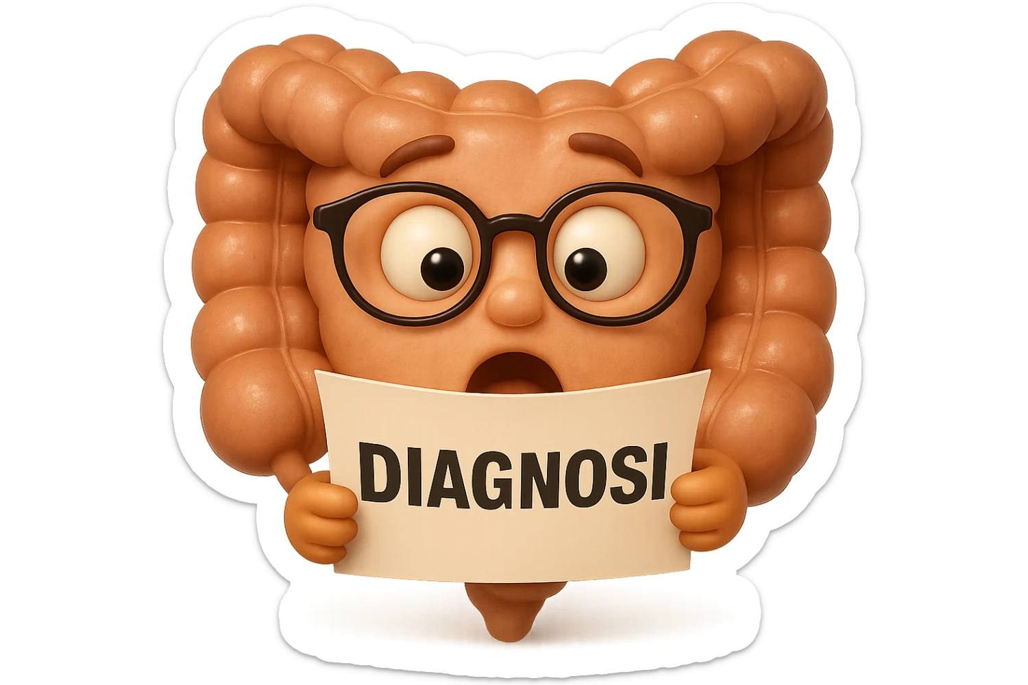 EMOJI STILE IPHONE DI UN INTESTINO CON GLI OCCHIALI CHE LEGGE UN FOGLIO CON LA SCRITTA DIAGNOSI, ESPRESSIONE STUPITA IN VOLTO, IPERREALISTICO 4K sticker