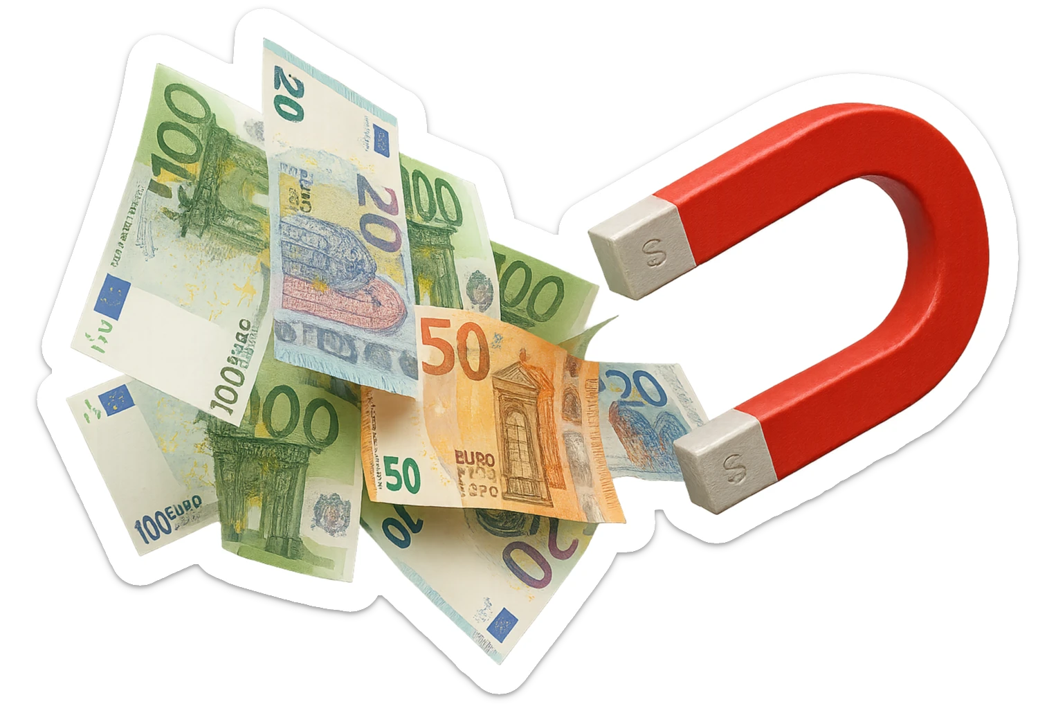 banconote di euro fluttuano vicino ad una calamita rossa, sono attratte, iperrealistico 4k sticker