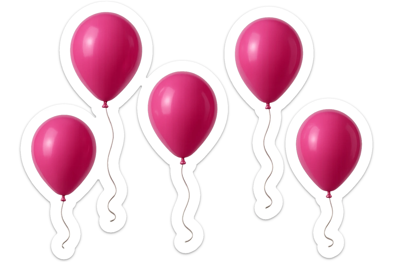5 palloncini magenta fluttuano in aria isolati su sfondo bianco, iperrealistico 4k sticker