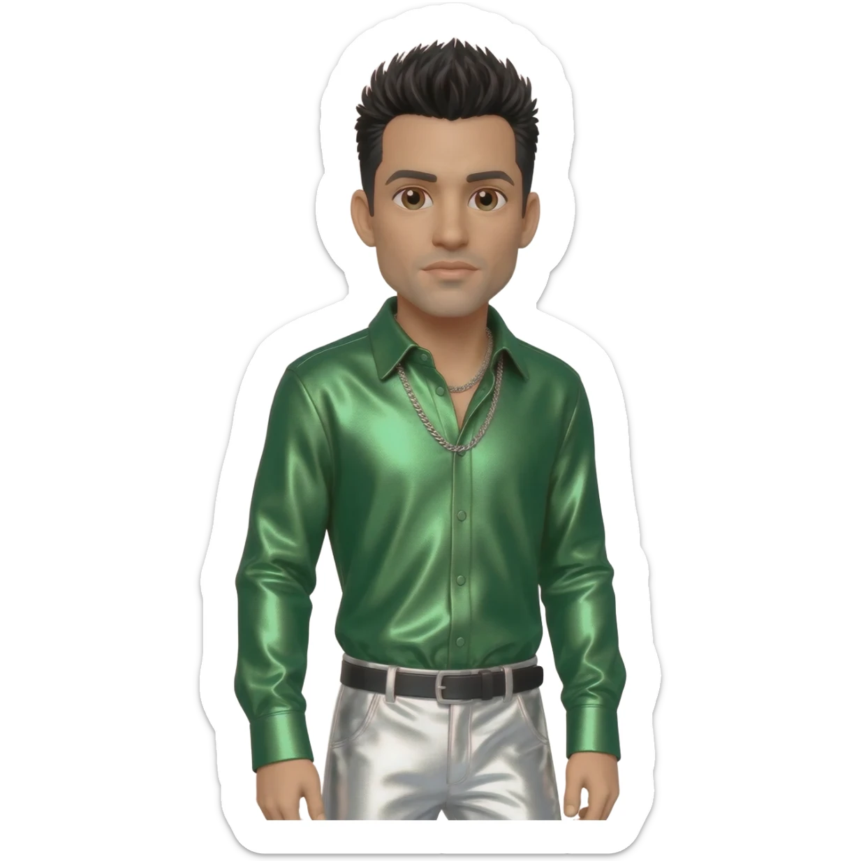 Danny Wood from NKOTB with brown eyes, black hair, green metallic shirt, white metallic baggy pants, silver necklace sticker