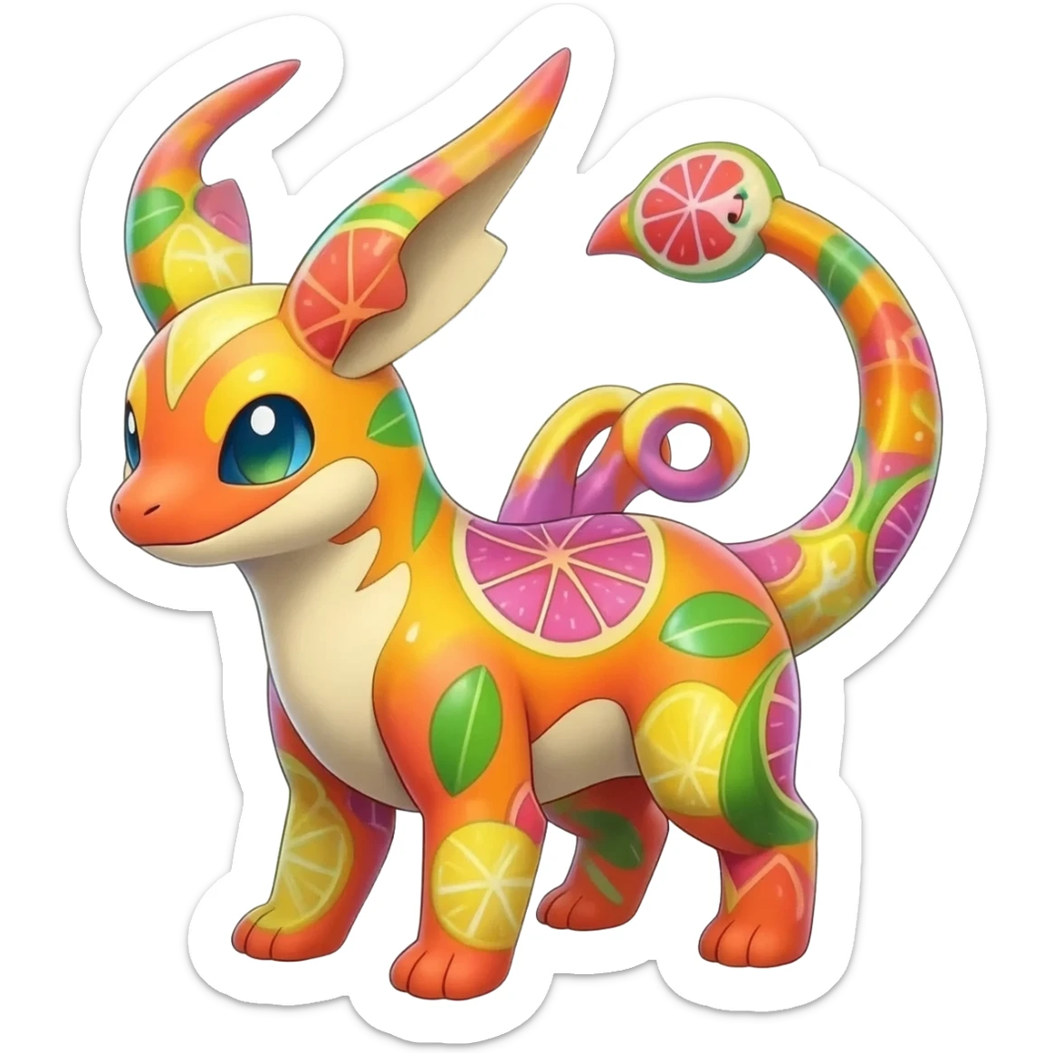 Colorful Fruity Iridescent Warm-colored Tropical Exotic Vernid-Sergal-Trico-Silvally-Nargacuga-fusion-hybrid-animal-creature, full body sticker