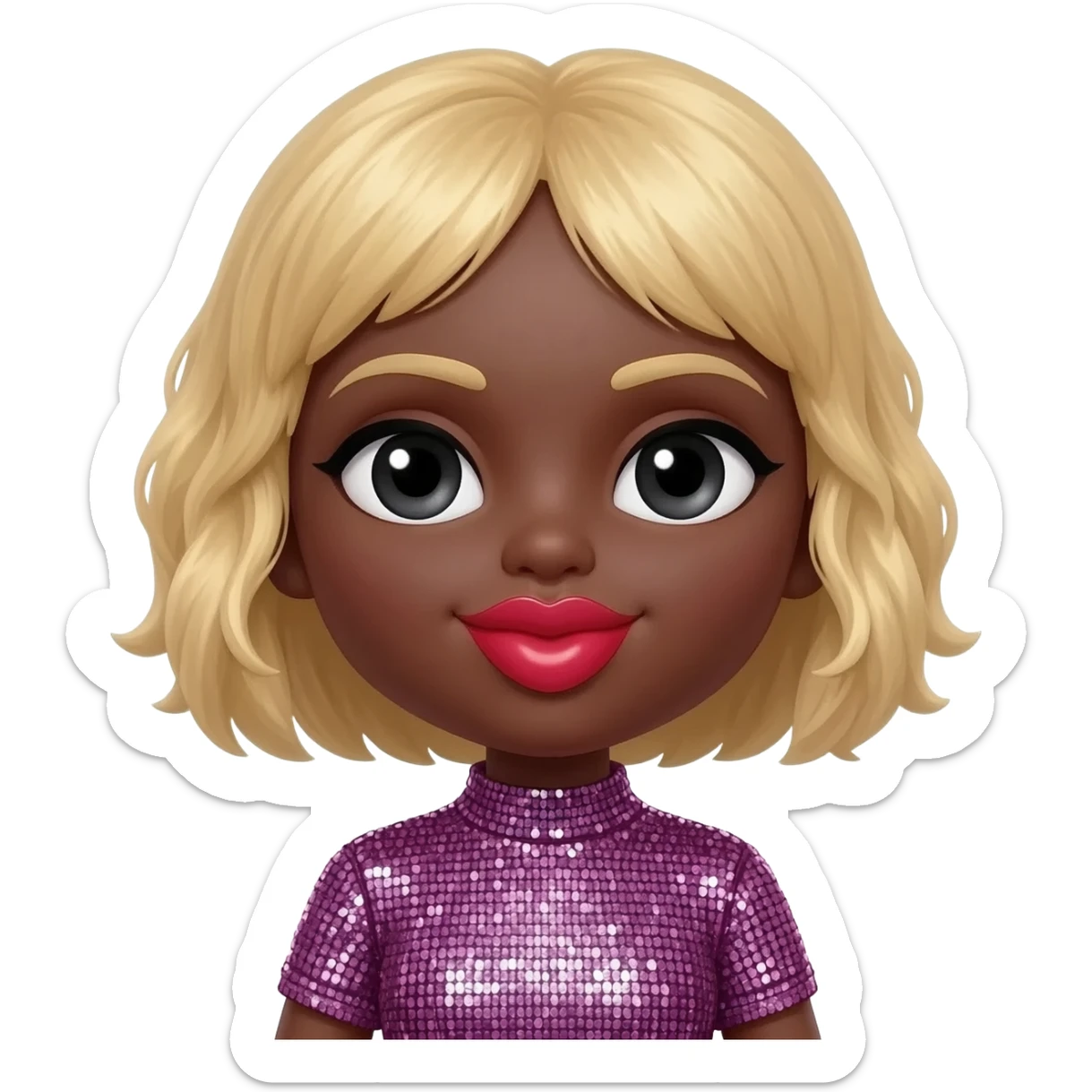 heart shaped cute lips bimbo, black doll eyes, Big lips barbie, dark brown skin with blonde hair, bimbocore outfit sticker