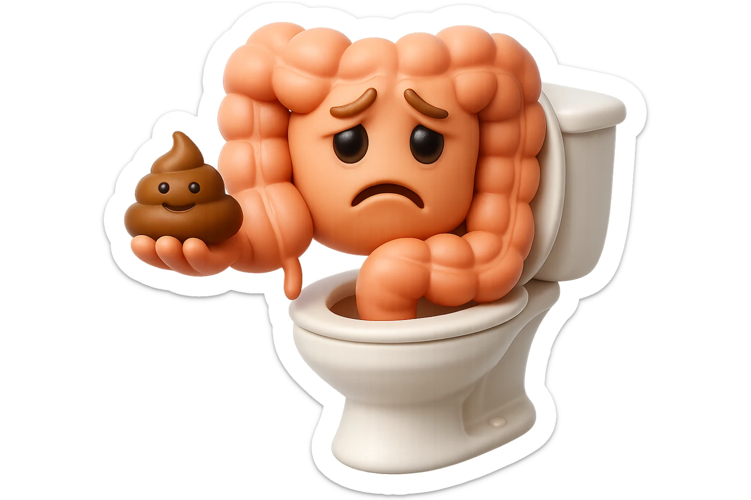 emoji stile iphone di un intestino realistico 3d che esce dal wc con in mano una montagnetta di feci con espressione triste a palline, iperrealistico 4k sticker