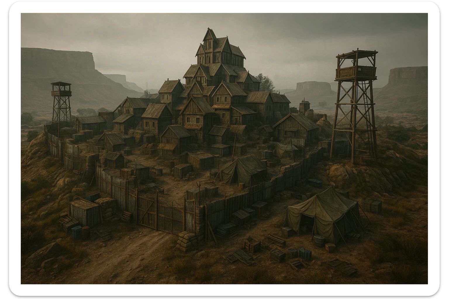 A small hilltop mesa city in the videogame dayz, screensot, based on whiterun but with modern DayZ architecture  sticker