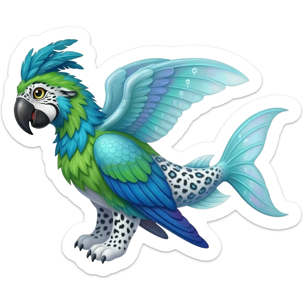 Snow-Leopard-Blue-Tang-Fish-Hyacinth-Macaw-fusion-hybrid-animal-creature, full body sticker