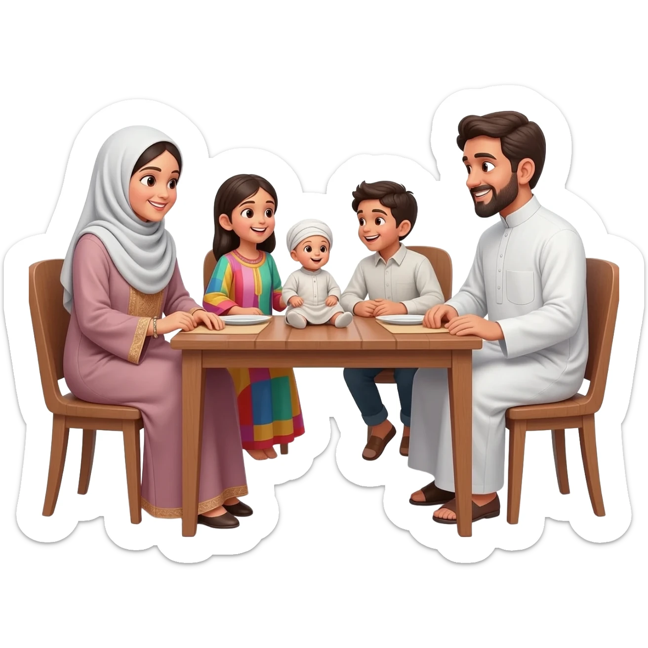happy family islamic clothing sitting on table talking; mother wearing hijab more kids sticker