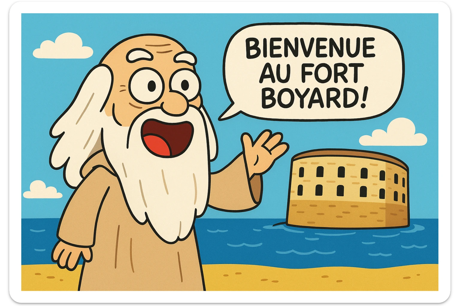 Père fouras  de fort boyard qui cri bienvenue au fort boyard // style enfantin dessin animé cartoons américain style gumball (  sticker