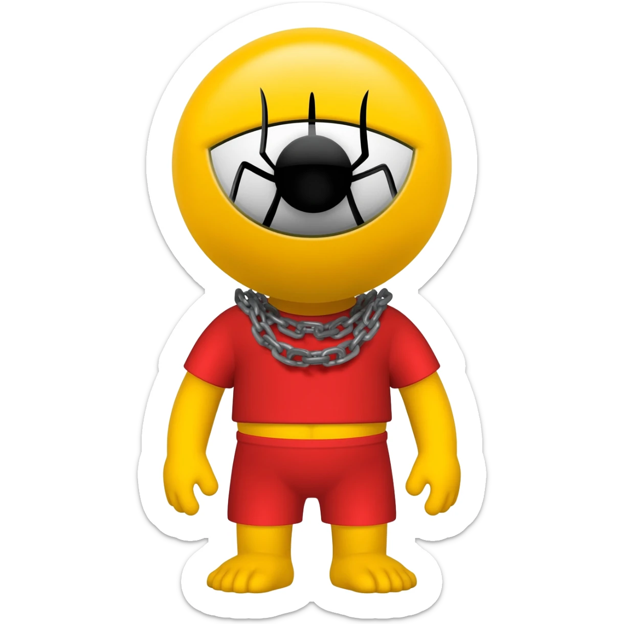 Make a yellow character with a black spider eye and a red top and shorts and a grey spider chain sticker