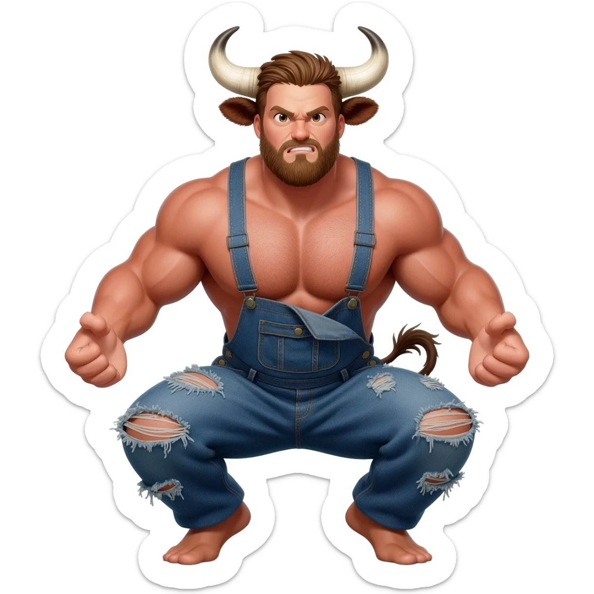 furious sunburnt country handsome hairy muscular man with large breasts with bull horns and cow ears and cow tail dressed in shabby ragged denim overalls squats legs vide open sticker