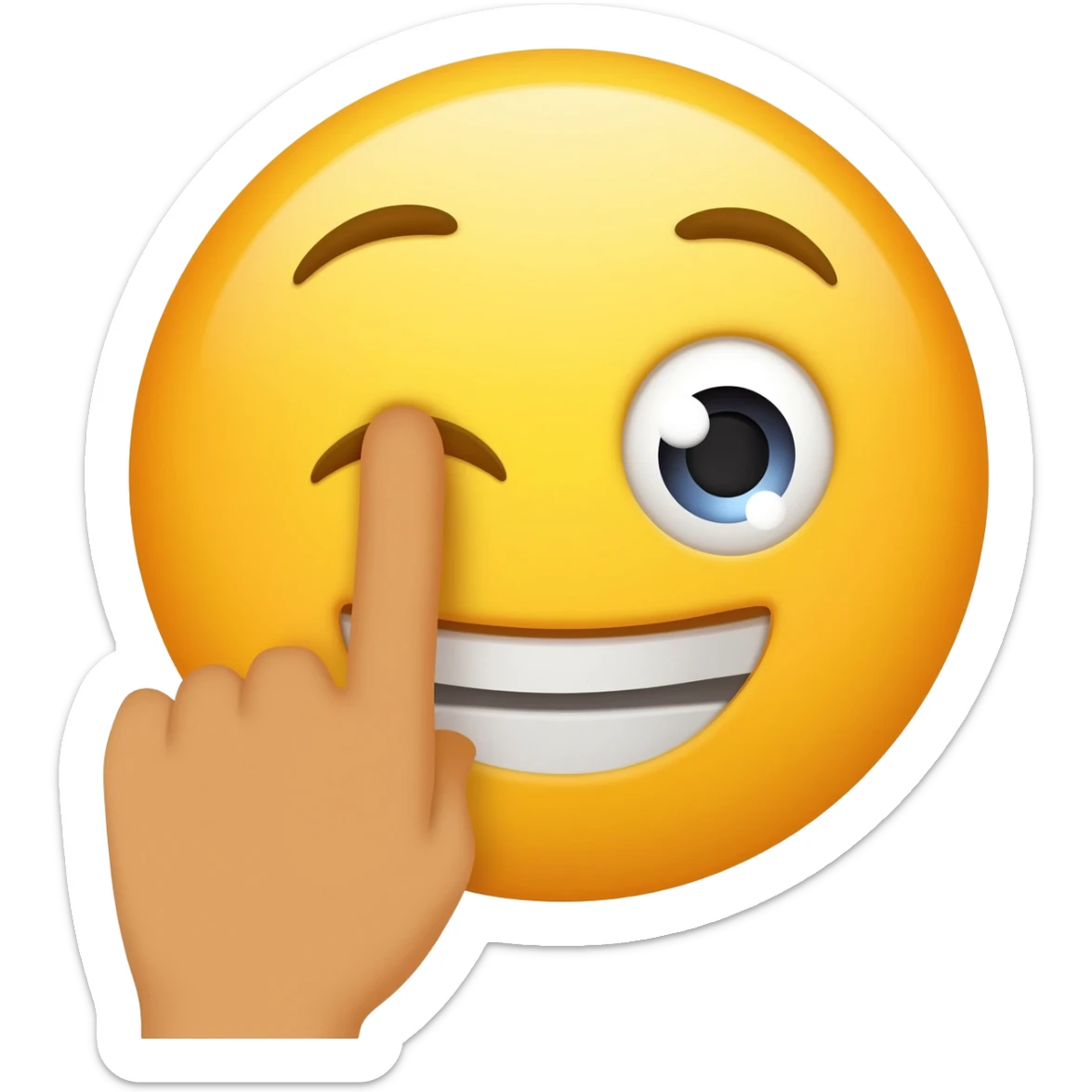 Classic iPhone emoji, blushed smile hitting a single finger with 1 eye open and one eye closed clearly flustered sticker