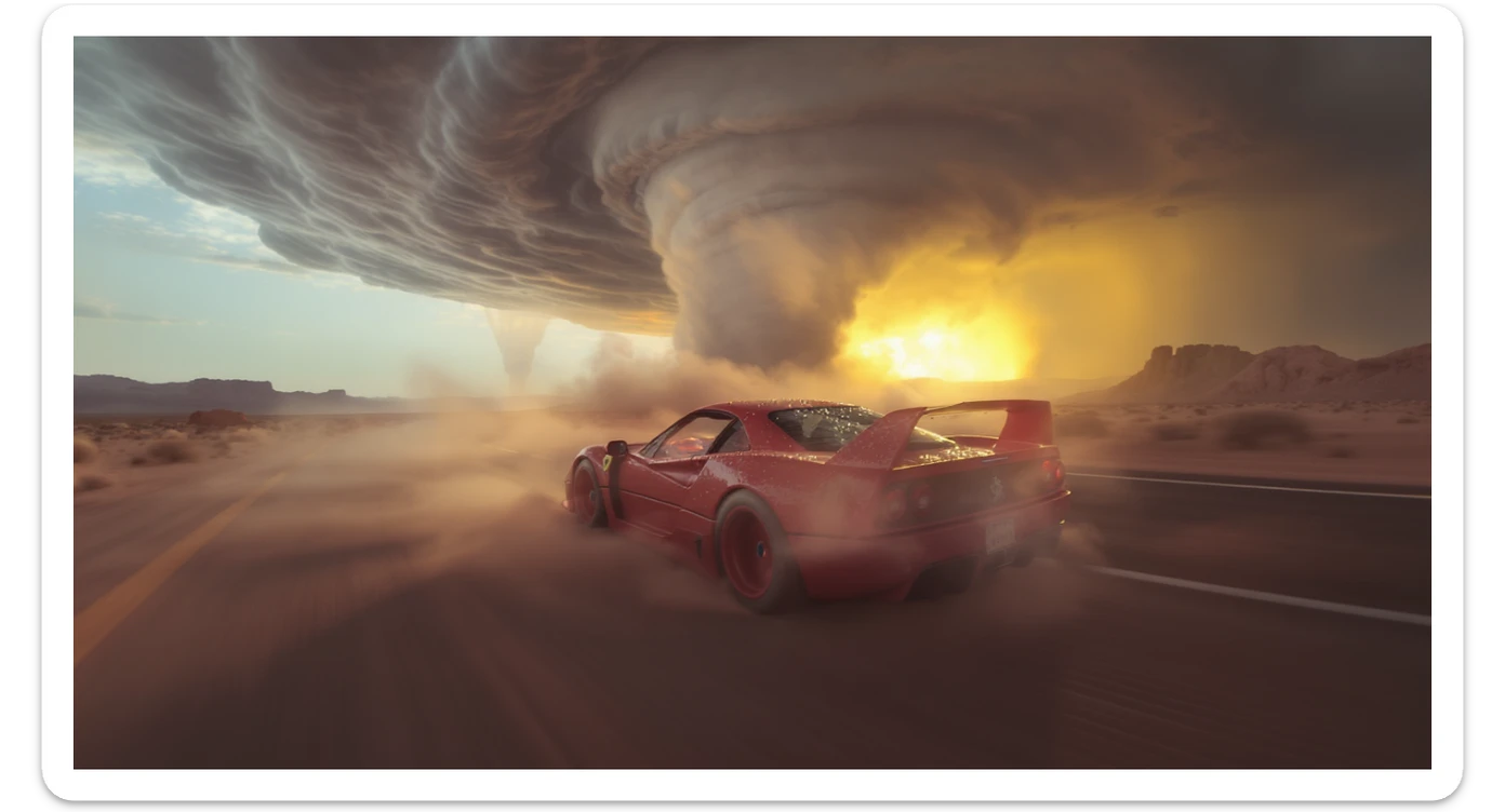 Cinematic still of a ferrari f40 around tornado od arizona desert, sun flare, captured by gopro hero with effect fisheye, water drops on car body, detailed, inspired by interstellar look, captured by a Super-16 sticker