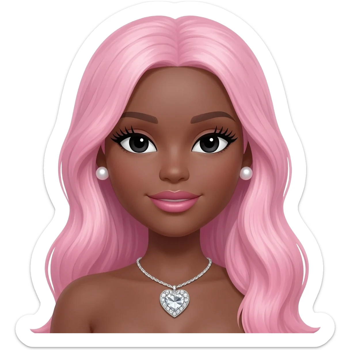 pearl earrings stud, Long giant lashes, Doll faced shaped,swarovski heart with Rhodium plated necklace, bimbo, black doll eyes, barbie, dark brown skin, with long pink hair, light pink, big breast sticker
