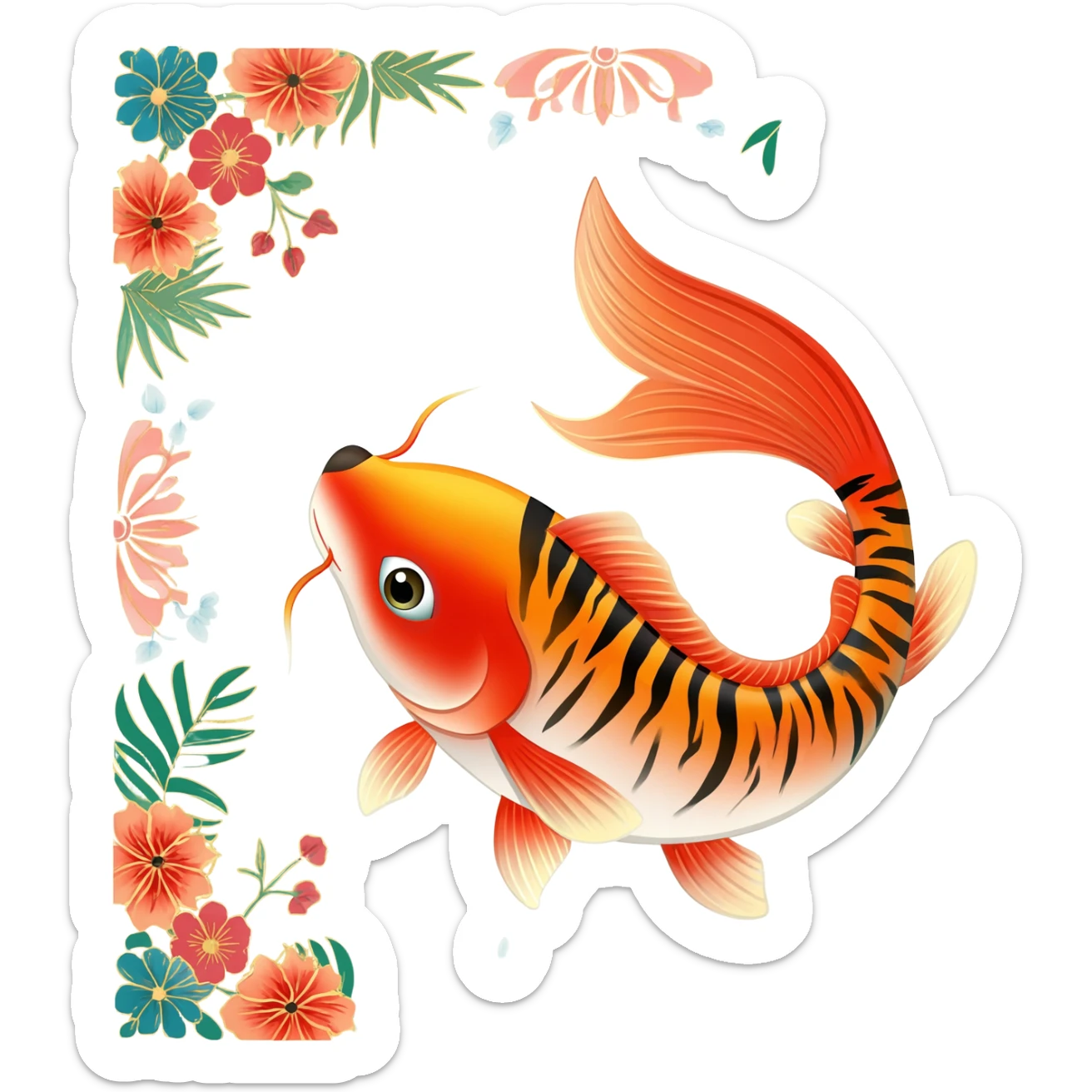 Exotic Tropical Floral Swirl-Patterned Tribal Pretty Asian ornate painted Japanese aesthetic beautiful shiny pretty glossy smooth elegant Koi-Fish-Kitsune-Yokai-animal-creature with tiger stripes on it sticker