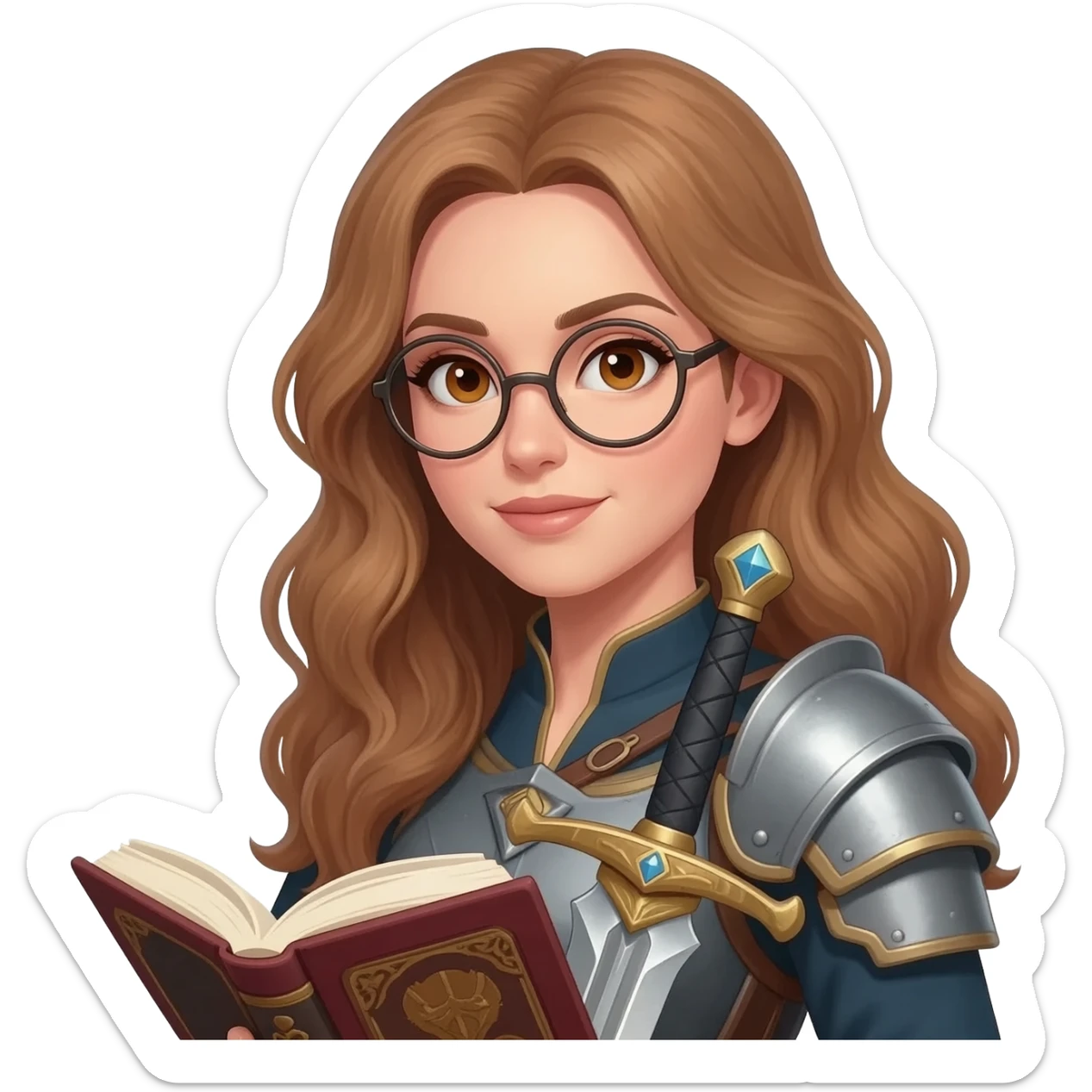 emoji style illustration of a woman with long light brown wavy hair, light brown eyes and round glasses holding an open book and a sword, fantasy reader warrior vibe, detailed emoji scene sticker