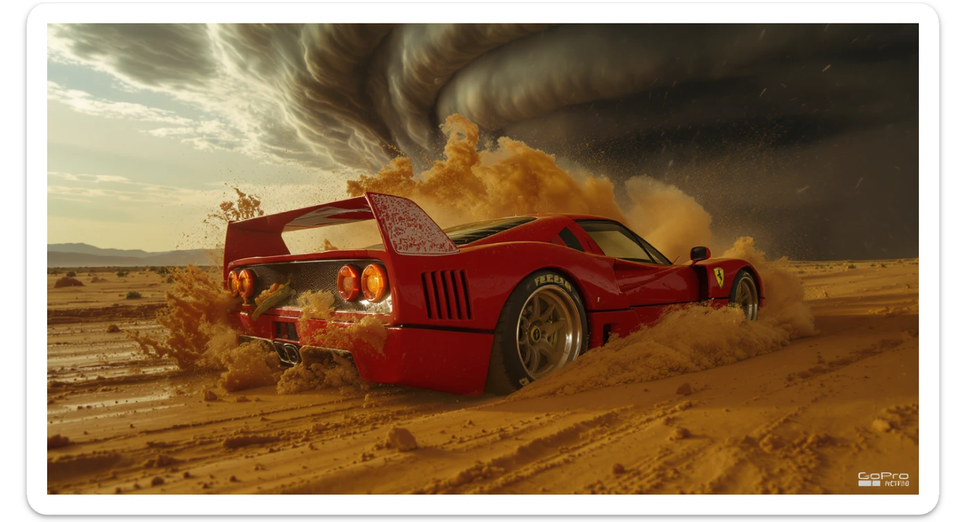 Cinematic still of a ferrari f40 around tornado od arizona desert, sun flare, captured by gopro hero with effect fisheye, water drops on car body, detailed sticker