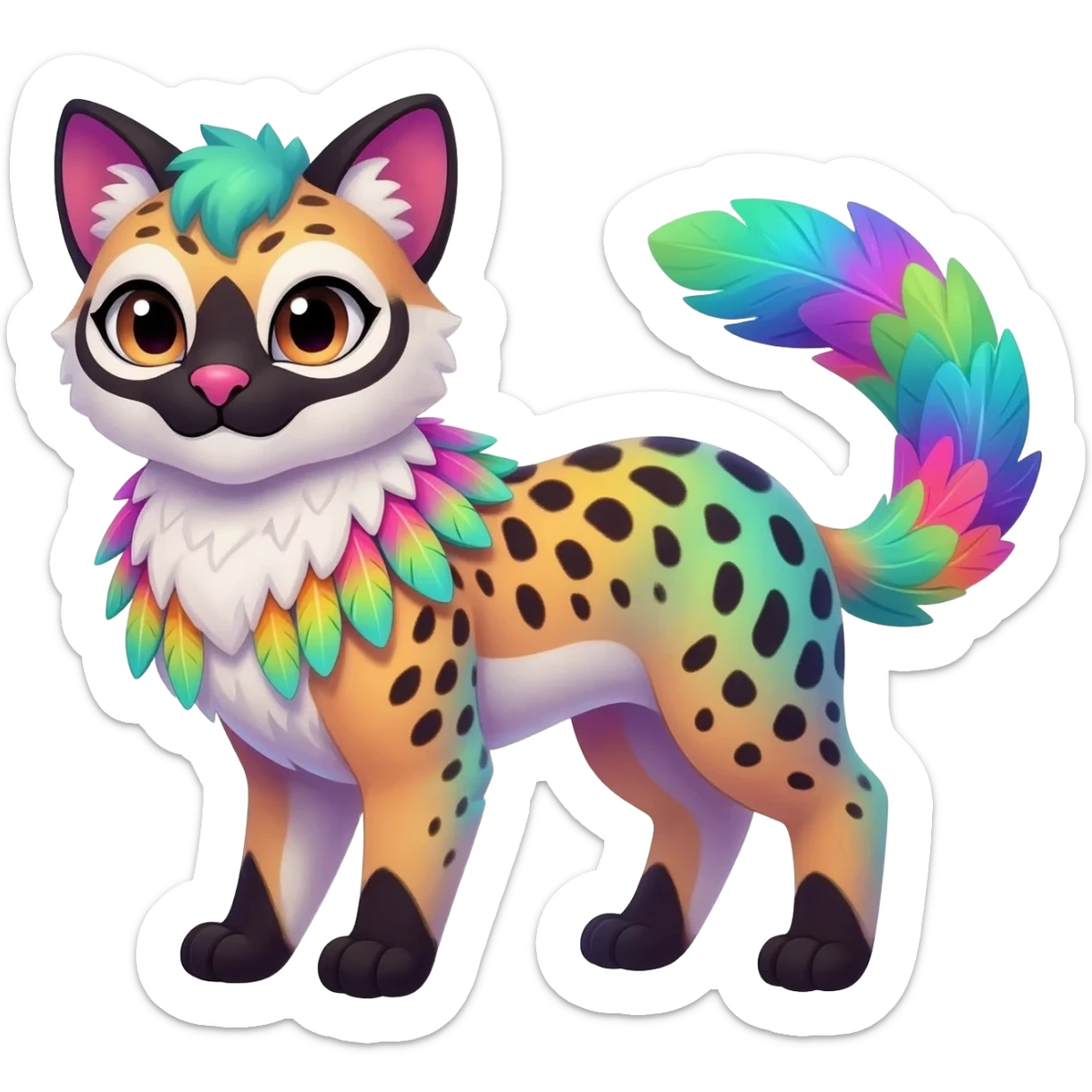 Colorful dark tropical feathery tribal pale light fruity pastel white glorious iridescent divine exotic cute cool beautiful beautiful fantasy-caracal-civet-genet-sergal-vernid-Gryphon-Cacomistle-Trico-oncilla-animal-Fakémon-hybrid-fursona (full body) sticker