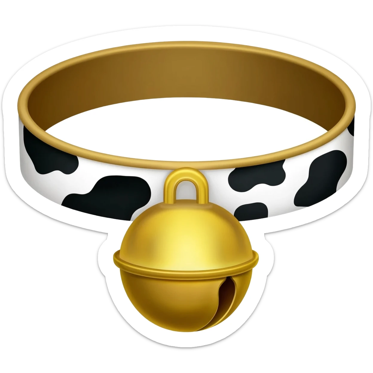 plain gold grater-formed-bell on a collar with black and white cow pattern sticker