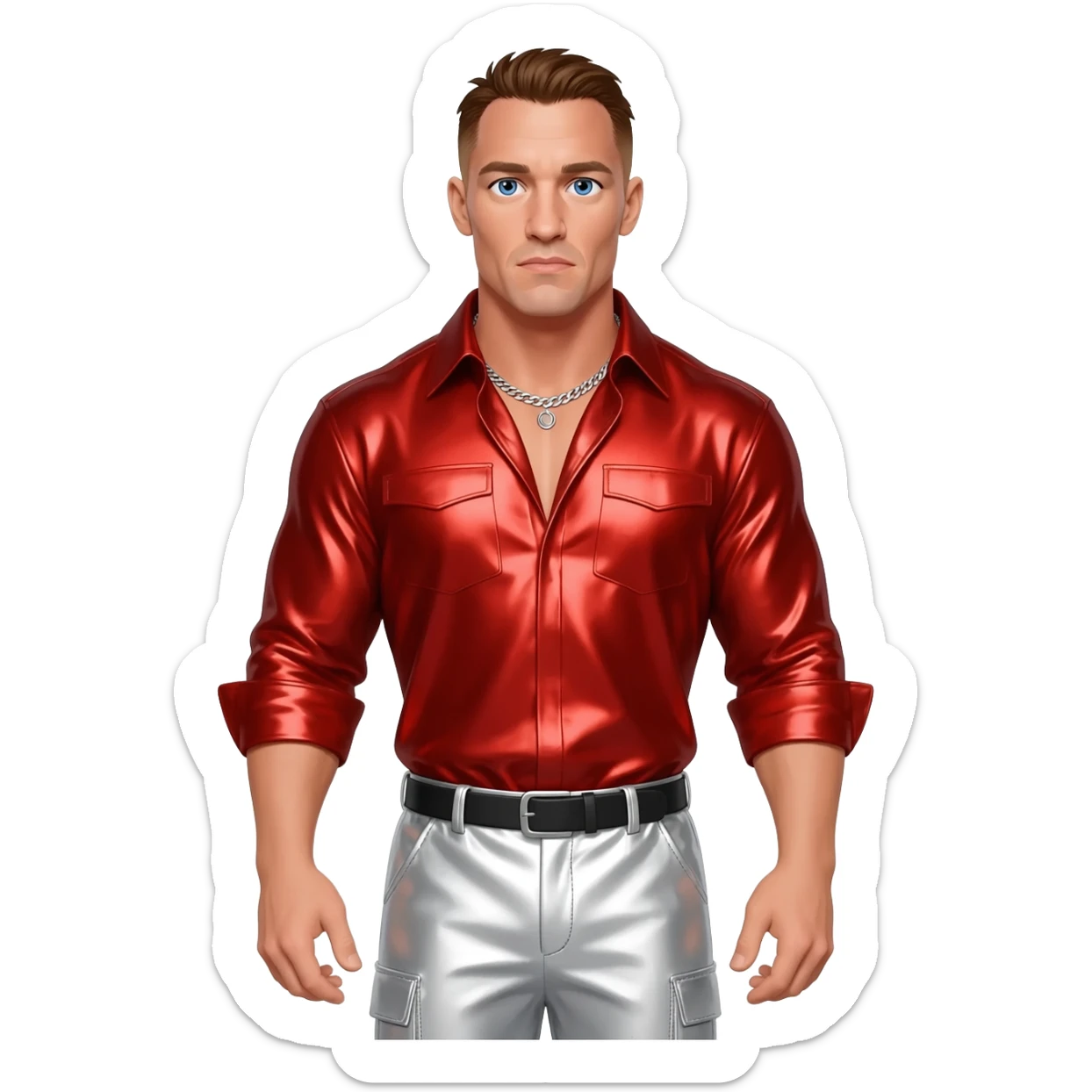 John Cena with blue eyes, brown hair, red metallic shirt, white metallic baggy pants, silver necklace sticker