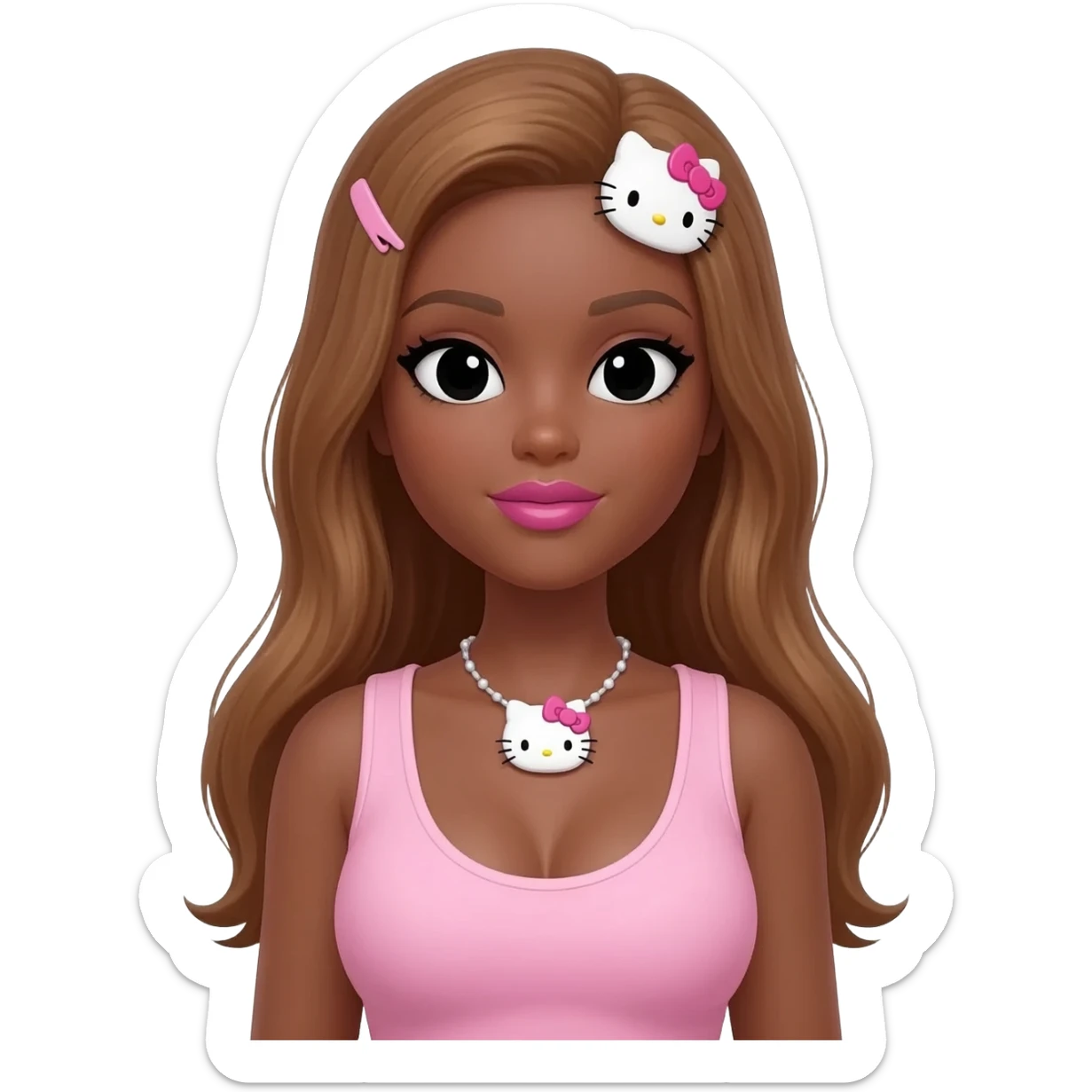 my melody hairclip, Doll faced shaped, hello kitty necklace, bimbo, black doll eyes, Big lips barbie, long dark brown skin with honey brown hair, light pink sleeveless shirt, big breast sticker