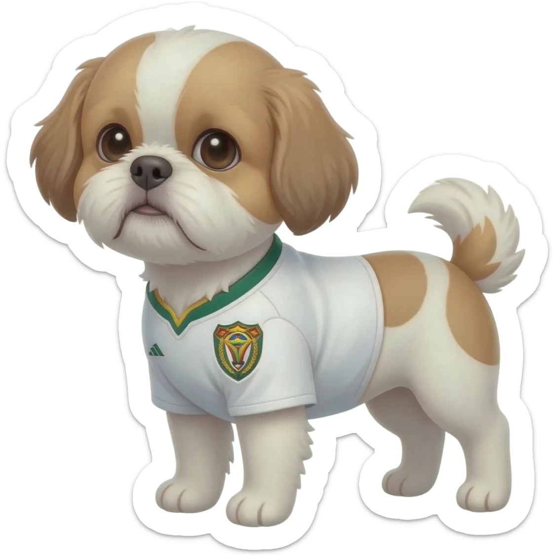white and light brown shih zhu wearing a South Africa soccer jersey v neck 2026 work cup sticker