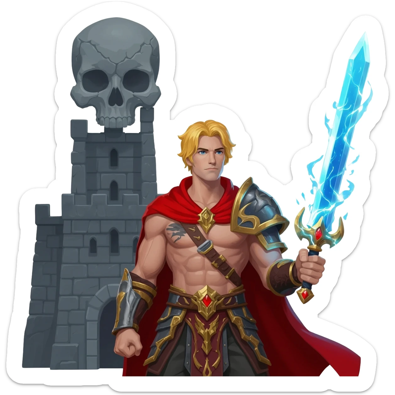 He-man in red cape holding up sword with power color shooting from sword towards sky in front of a large skull shaped gray castle sticker