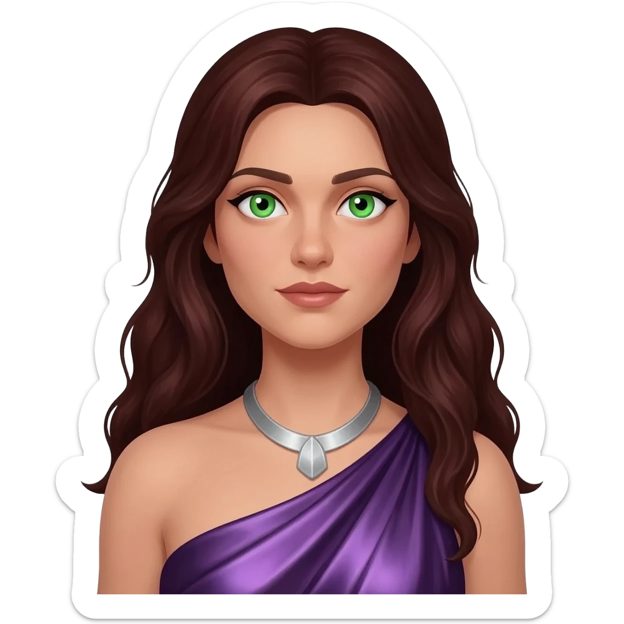 Persephone from Greek Mythology with green eyes, long dark auburn hair, deep purple metallic coal dress, silver necklace sticker