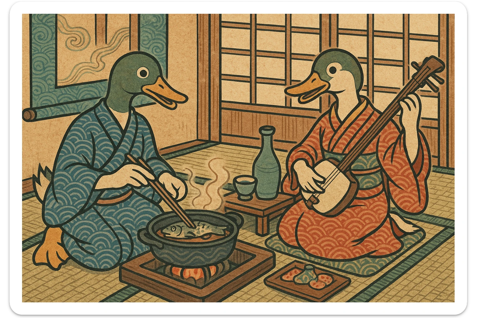 Utagawa Kuniyoshi inspired scene of a male and female duck cooking, drinking wine, and listening to music in a traditional Japanese setting, vibrant, detailed, lively, ukiyo-e style, 4:3 aspect ratio sticker
