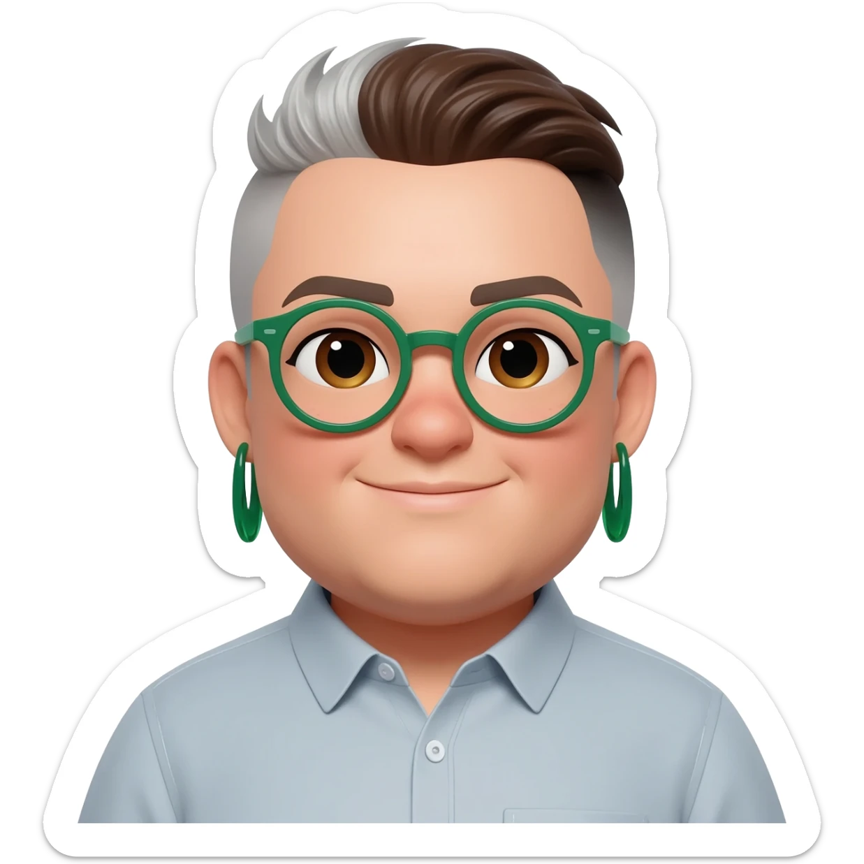 fat queer gender expansive lightskinned person with a double chin and a rounded square face shape assigned female at birth with short brown and silver mullet and green round glasses with almond shaped deep set brown eyes and a slight smile with bold dangly earrings and a button down shirt sticker