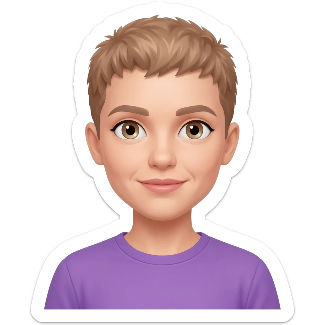 White skin ,  female, lbrown buzzcut, purple shirt, light eyes sticker
