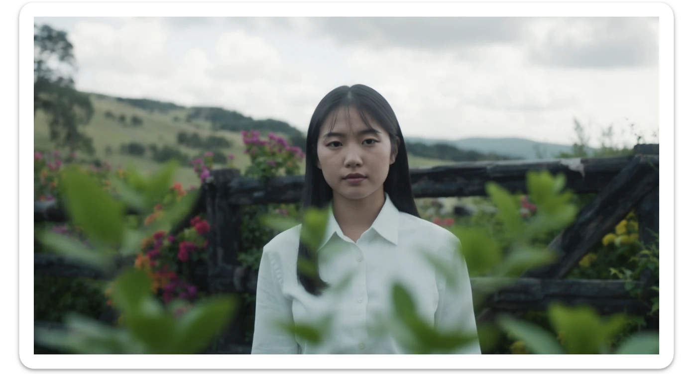 A portrait of a white person in the foreground, blurred plants in the foreground, a wooden fence and colorfull flowers in the midground, rolling hills in the background, cinematic depth of field, layered composition, natural lighting sticker
