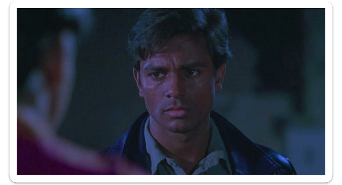 A cinematic screengrab from 1990 Indian Bollywood film called 'Batman', Sony Alpha a7 III camera, colorful  sticker