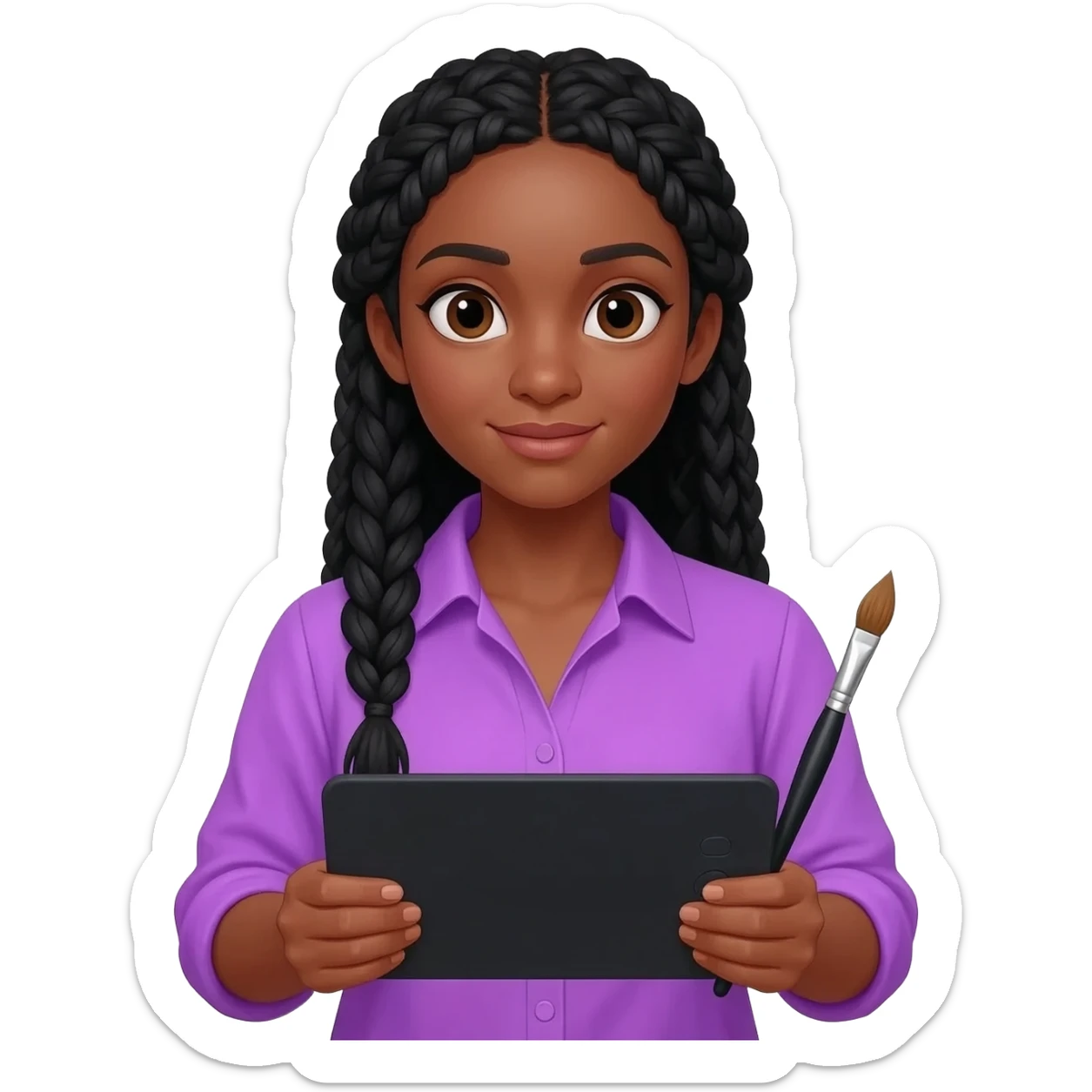 Emoji représentant une femme à la peau marron avec de longues braids noires et portant une belle chemise violette, tenant une tablette graphique dans une main et un pinceau dans l’autre sticker