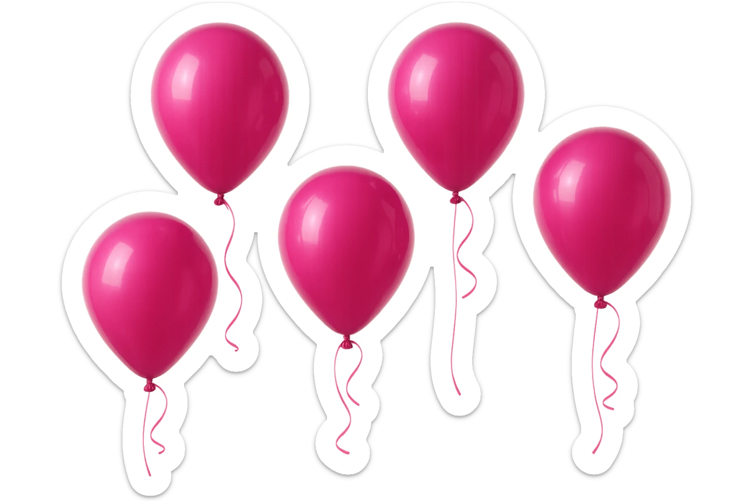 5 palloncini magenta fluttuano in aria isolati su sfondo bianco, iperrealistico 4k sticker