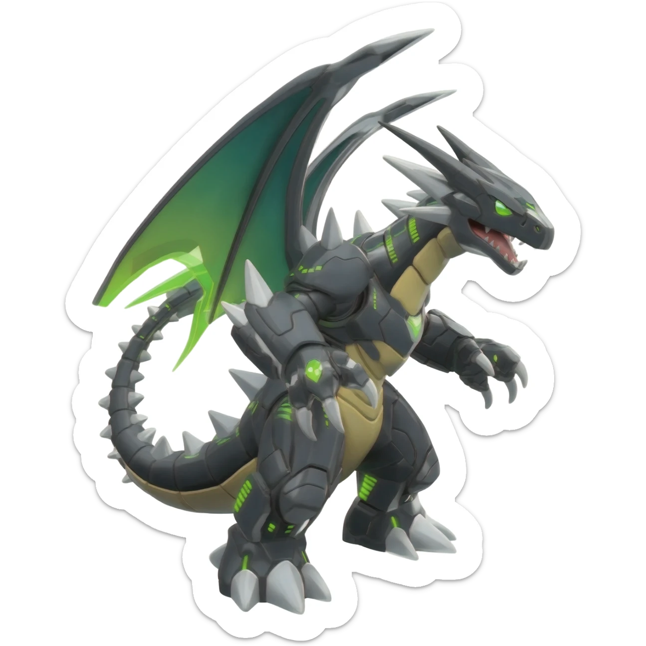 Shiny Black Grey White and Dark-Green Axew-Tyranitar-Larvitar-Flygon-Scyther-Pokémon-Fakémon-Digimon-fusion-creature, full body sticker