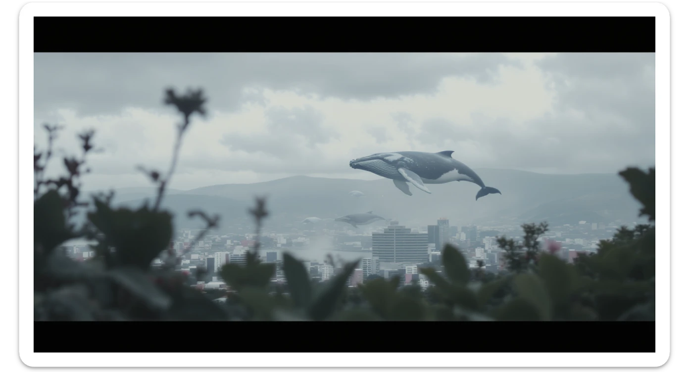 A cinemaatic still of a city, blurred plants in the foreground, huge whales fly above city sky, rolling hills in the background, cinematic depth of field, layered composition, natural lighting sticker