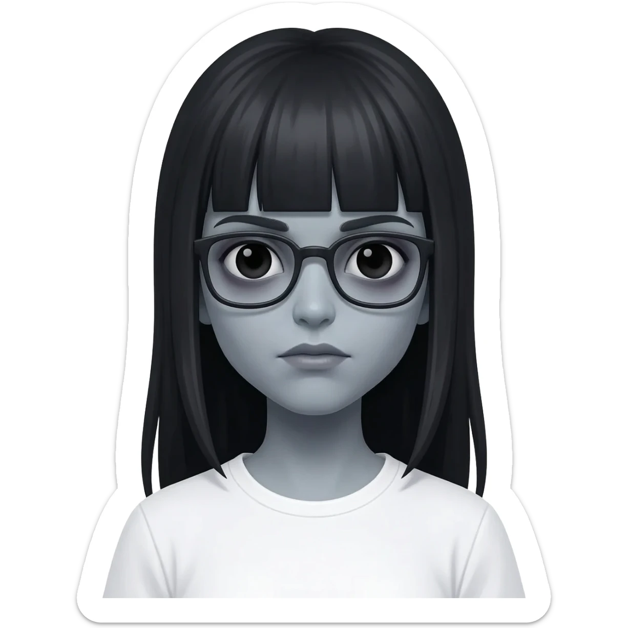 Zombie girl Memoji style, long straight black hair with bangs, grey skin, dark circles under eyes, wearing black glasses, simple white shirt, 3D render." sticker