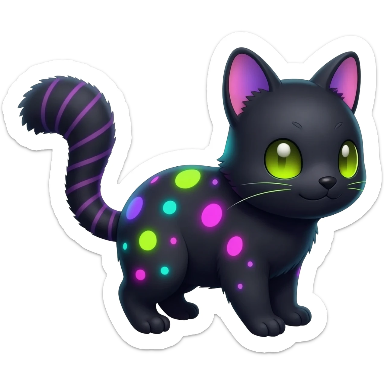  cute adorable pitch-Black-coated fur with glowing bioluminescent random colorful neon-markings divine beautiful elegant pretty precious cute young youthful  Fakémon-Pokémon-alien-opossum-feline-serval-caracal-chinchilla-Minccino-hybrid-creature with a big fluffy bushy striped tail (full body) sticker
