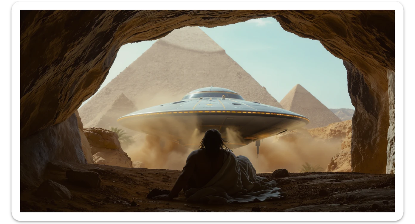 cinematic still, documentary photography, acient egypt, back shot of a man dress in ancient clothes in cave (frame in frame effect) on ground laying front of small ufo starship, palms, dynamic scane, leading lines, captured by arri alexa, depth layers, piramids in babckground sticker