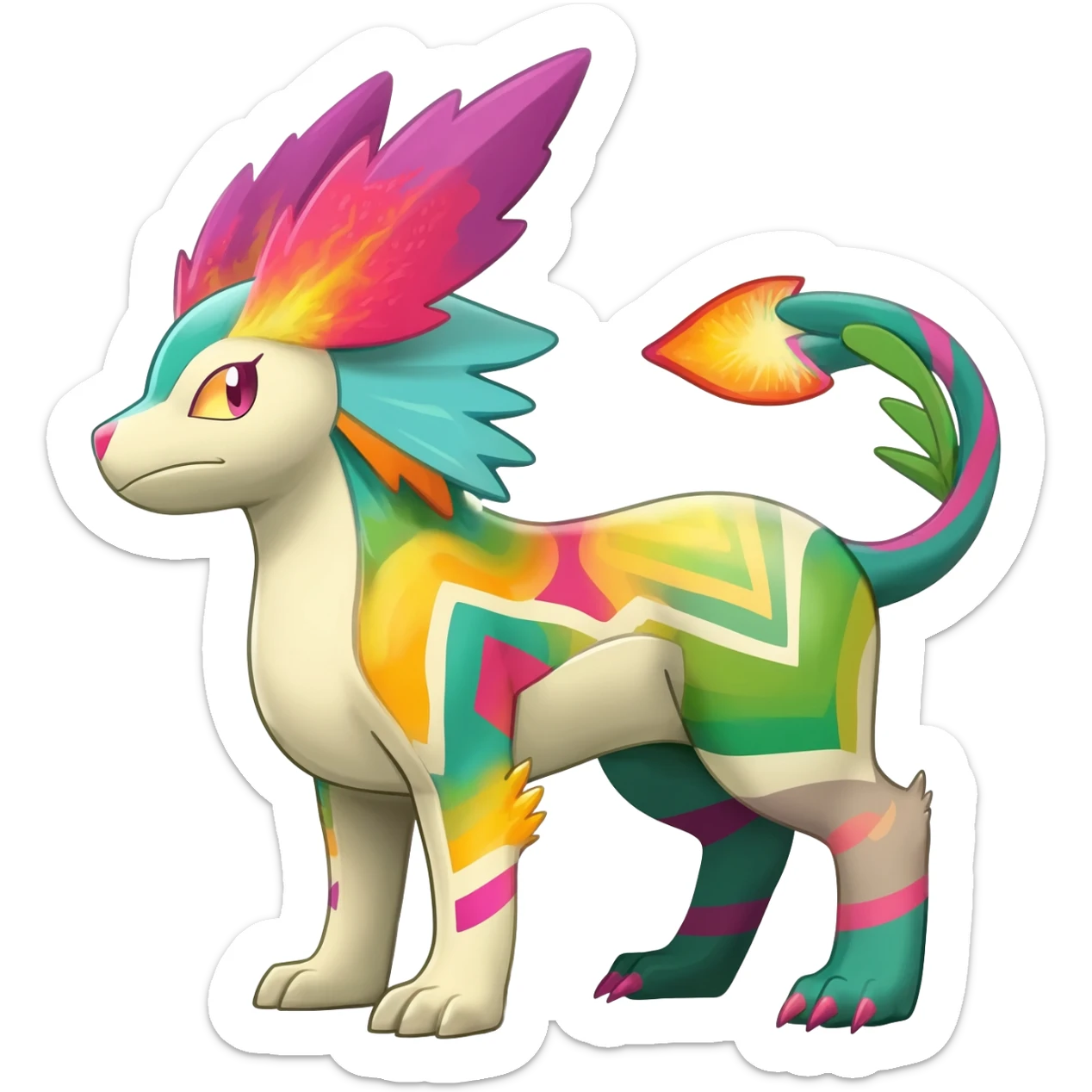 zig-zag-patterned colorful exotic fruity tribal tropical hot swirl-marked Meloetta-Dialga-Salamence-Giratina-Noivern-Pokémon-Fakémon-fusion-hybrid-creature sticker
