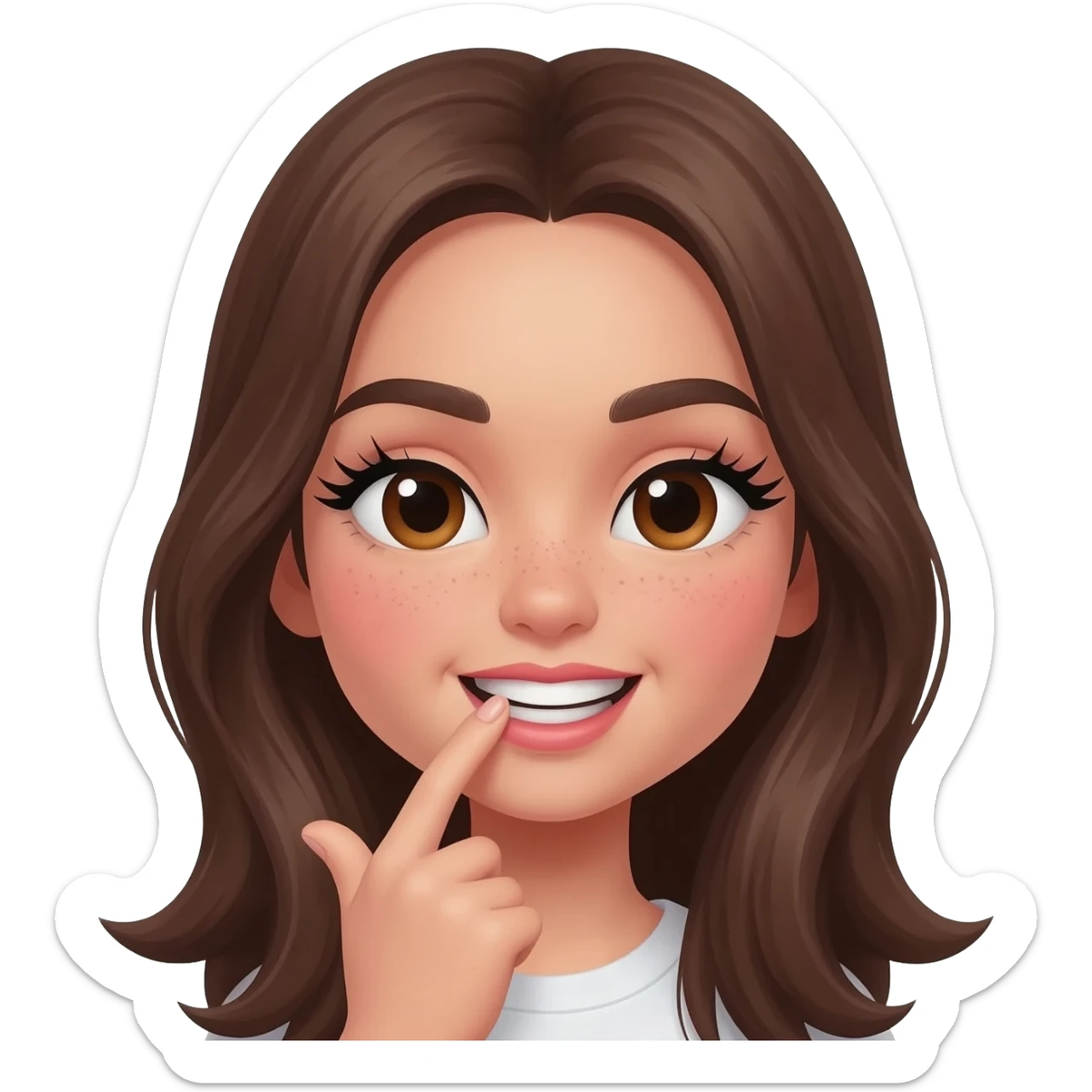 girl biting her index fingernail as if she’s flirting, long eye lashes, blush and more flirty, show her teeth sticker