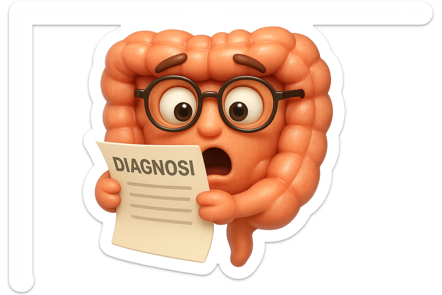 EMOJI STILE IPHONE DI UN INTESTINO CON GLI OCCHIALI CHE LEGGE UN FOGLIO CON LA SCRITTA DIAGNOSI, ESPRESSIONE STUPITA IN VOLTO, IPERREALISTICO 4K sticker