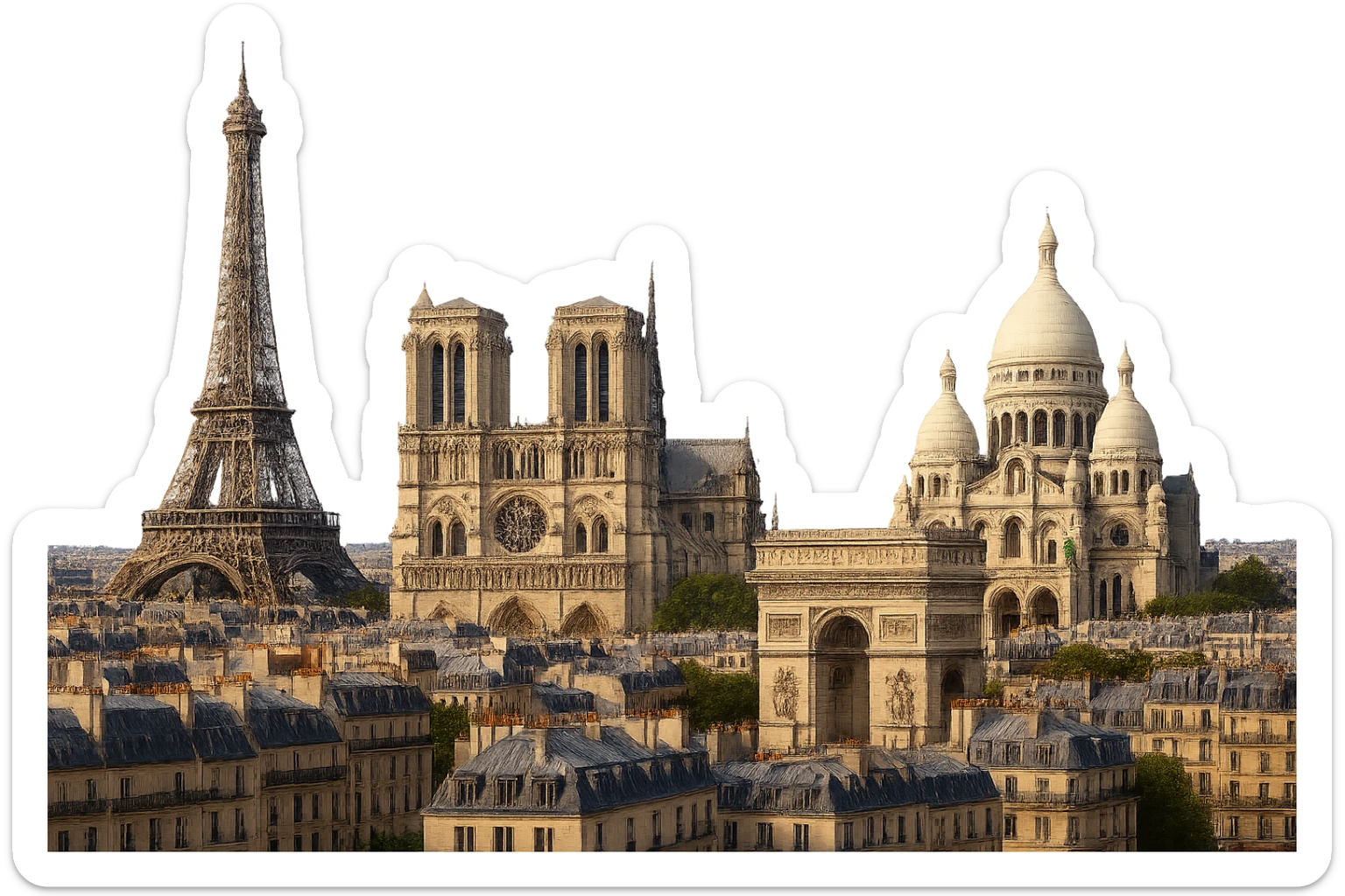 cinematic, realistic emoji of Paris featuring its iconic skyline and major landmarks such as the Eiffel Tower, Notre-Dame Cathedral, Arc de Triomphe, and Sacré-Cœur, with lifelike detail, accurate colors, bright daytime lighting, wide city view, no sky, no clouds, fully transparent background sticker