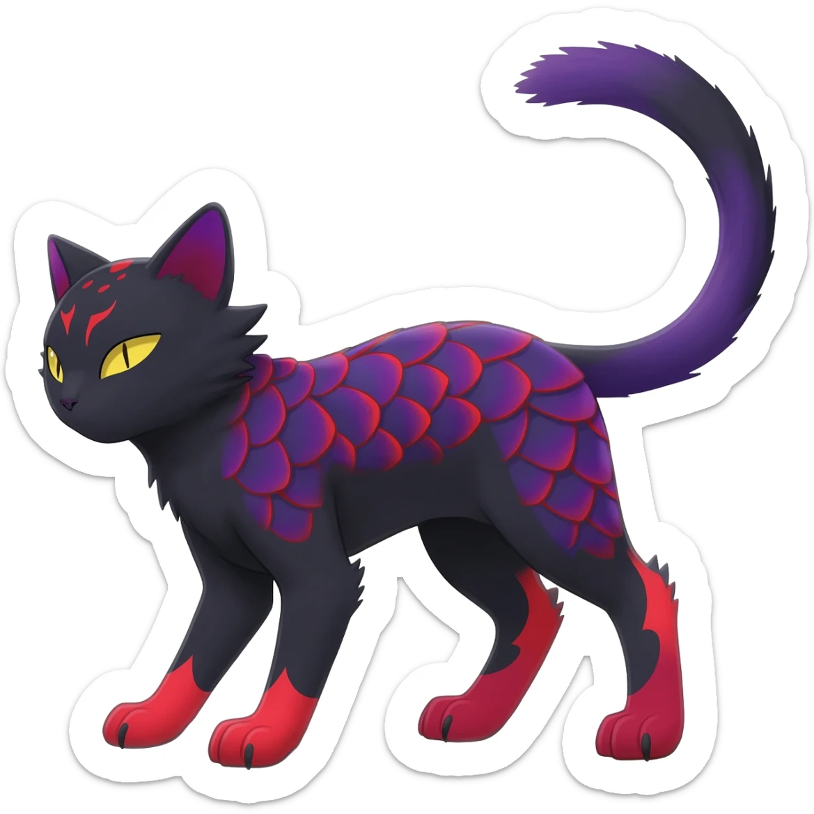 Black edgy Noibat-Purloin-Torracat-Lykoi-Caracal-cat-Fakemon-fusion-hybrid-creature with violet and red scale markings sticker