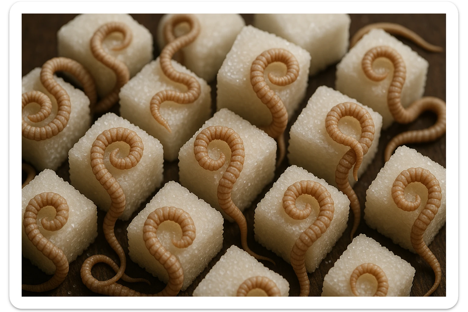 ZOLLETTE DI ZUCCHERO CON PARASSITI TIPO LA TENIA ARROTOLATE INTORNO AD OGNI ZOLLETTA, IPERREALISTICO 4K sticker