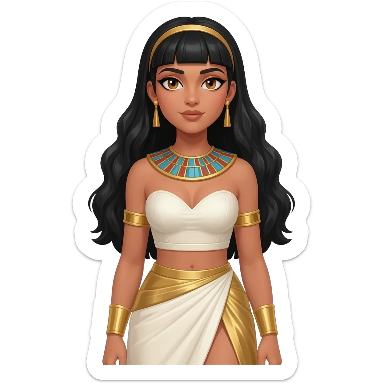 Cleopatra with hazel eyes, long black hair, ivory metallic sweetheart crop top, ivory metallic long asymmetrical skirts, gold necklace and earrings sticker