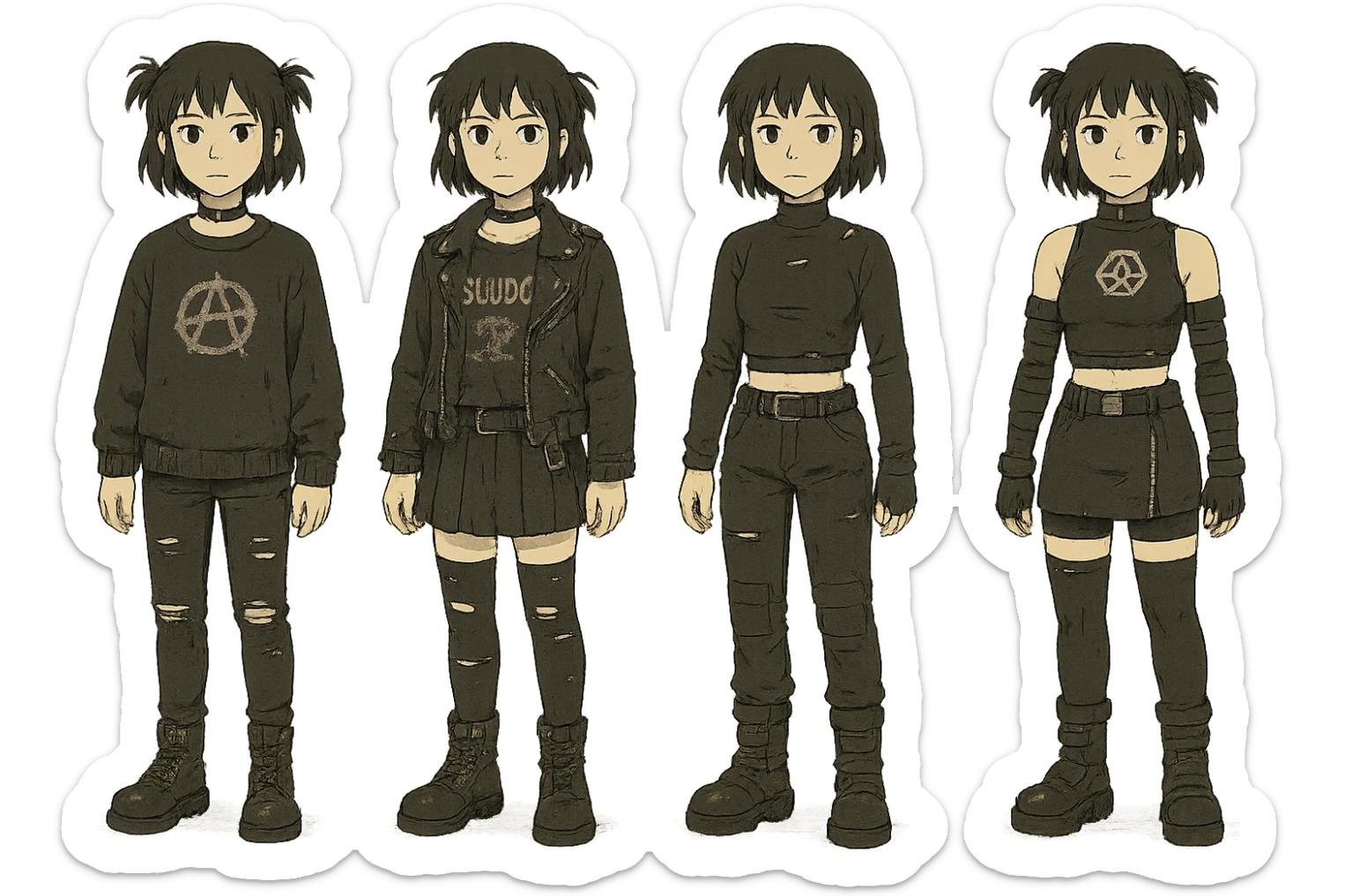 outfit designs for a VTUBER OC. The style is mixed 90's grunge, punk, lots of black and white in the color scheme, futuristic aesthetic. Clothing has small rips and tears from wear, logos and designs are faded. Garage, Shoegaze, postmodern style. character design concept art outfits for a female. [[FUTUREPUNK CYBERGOTH]] front on view, not 3/4 angle or any angle, perfect front sticker