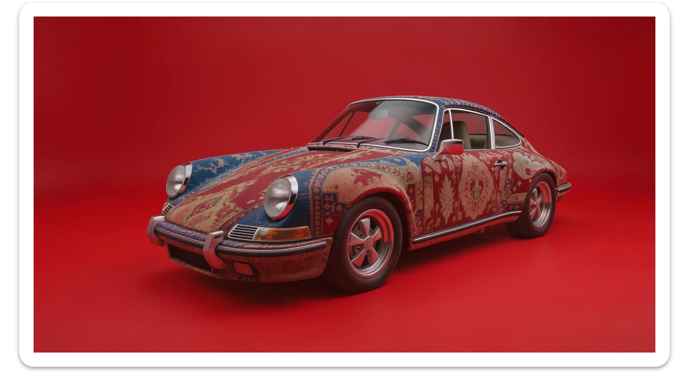 Closeup shot of a porsche 911, body of car made of russian carpet with patterns, red solid studio background,top low key light, dutch angle, haze, captured by ARRI 65 sticker