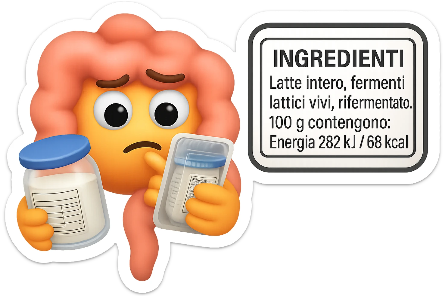 EMOJI STILE IPHONE 3D DI UN INTESTINO CHE HA IN MANO UN BARATTOLO DI YOGURT CONFEZIONATO DA SUPERMERCATO E LEGGE L'ETICHETTA NUTRIZIONALE CON GLI INGREDIENTI IN ITALIANO, ACCANTO ALLO YOGURT CHE HA IN MANO C'è UN FOCUS SULL'ETICHETTA CON GLI INGREDIENTI SCRITTI sticker